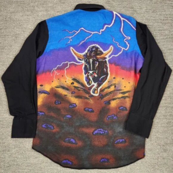 Vintage Wrangler Brushpopper Pearl Snap Shirt Mens 16.5 L Western Lightning Bull - Picture 1 of 9